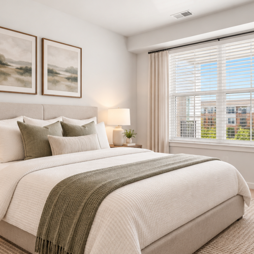 Bedroom with twin dressers and large window with sunlight
