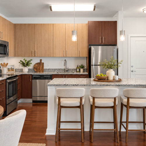 Kitchen with stainless steel appliances, bar seating, and dining table