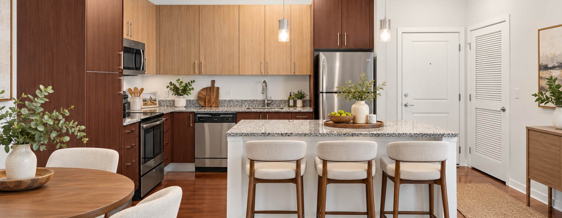 Kitchen with granite countertops and stainless steel appliances